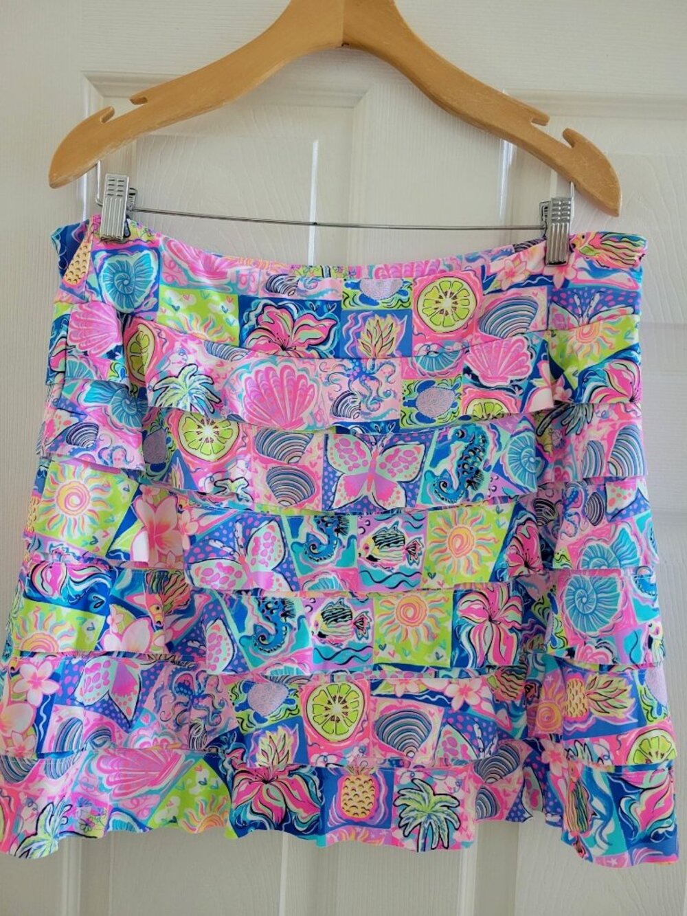 Lulu B Pink Blue Cha Cha Ruffled Skort Plus size 1X Block Print UPF 50 Beach